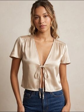 Brandy Melville - John Galt Champagne Satin Tie-Front Crop Top